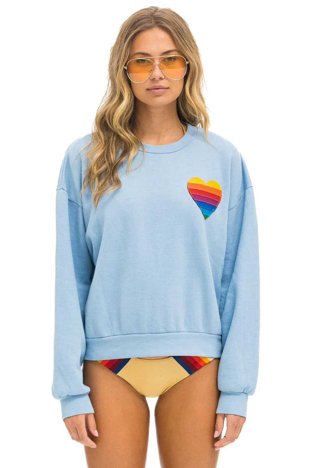 AVIATOR NATION RAINBOW HEART STITCH RELAXED CREW SWEATSHIRT - ICE