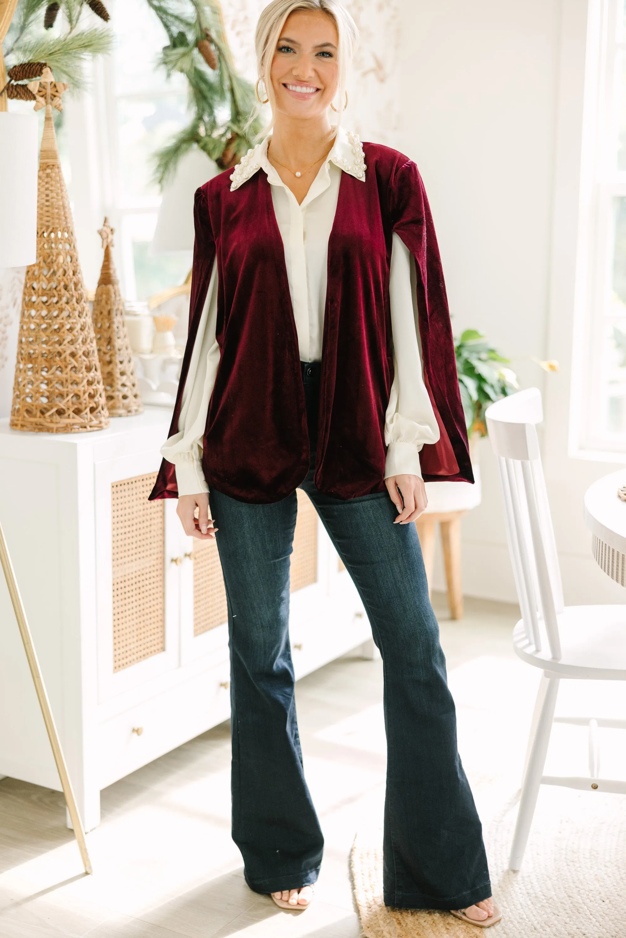 Bold Energy Burgundy Red Velvet Cape Jacket