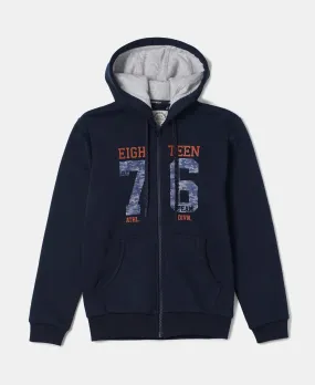 Boy's Super Combed Cotton Rich Fleece Fabric Graphic Printed Hoodie Jacket - Navy