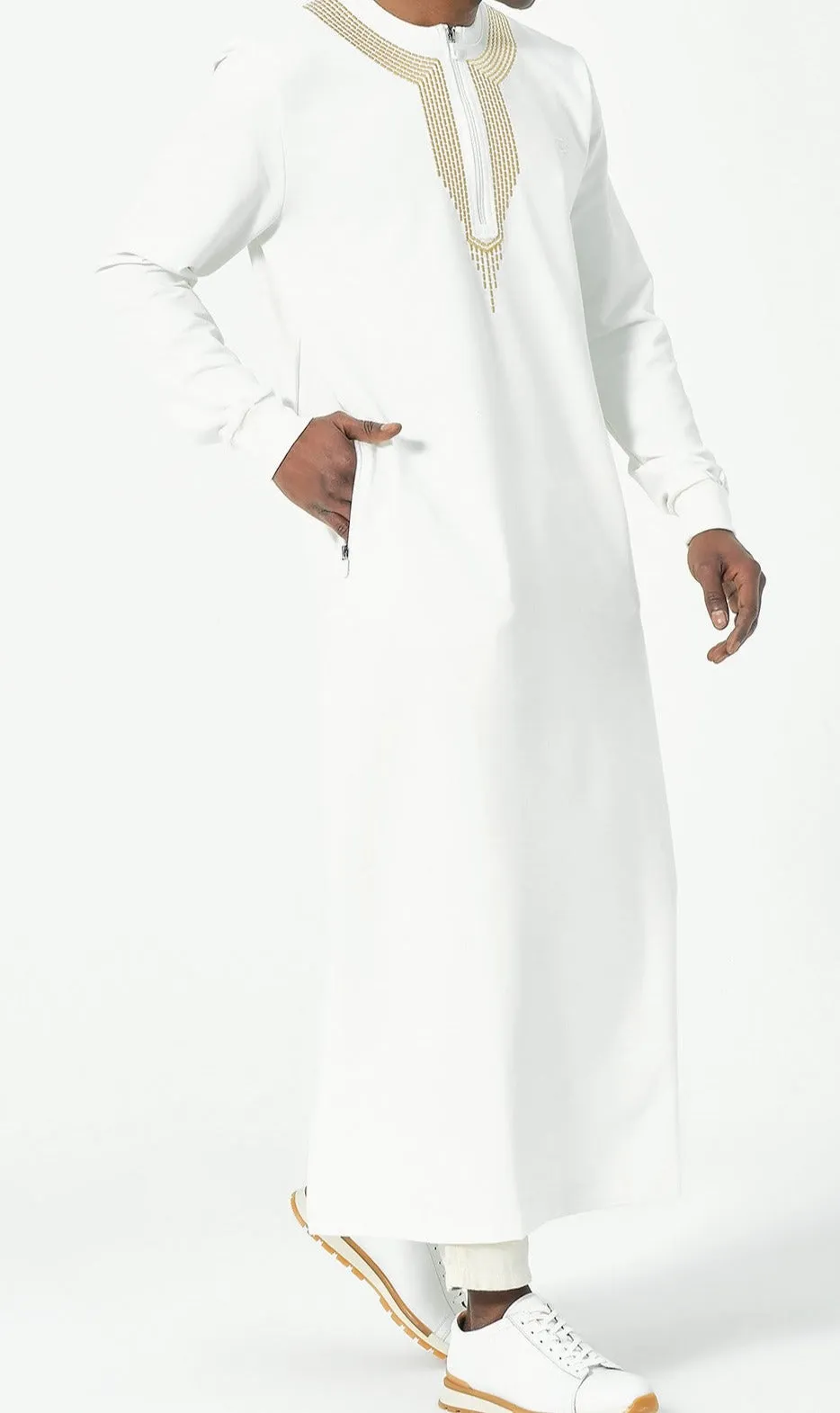 Embroidered Long Thobe for Muslim Men Kamees Sham R24 QL in Cream