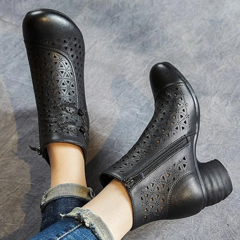 Hollow Thick Heels: RV204 Handmade Women's Casual Shoes Boots