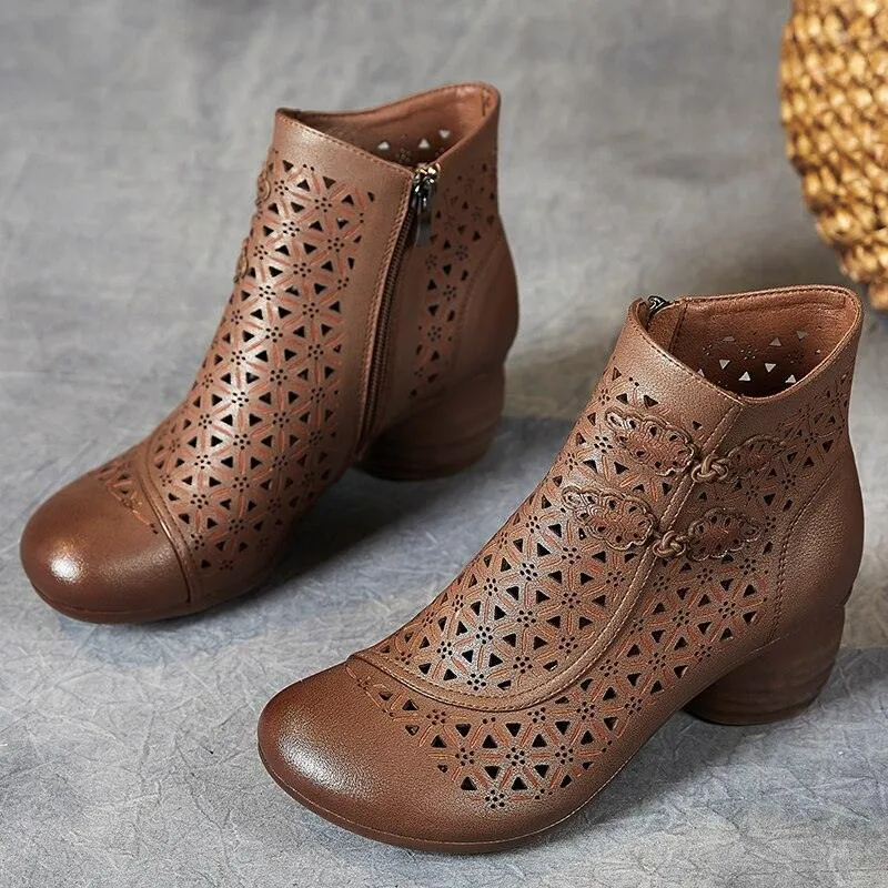 Hollow Thick Heels: RV204 Handmade Women's Casual Shoes Boots