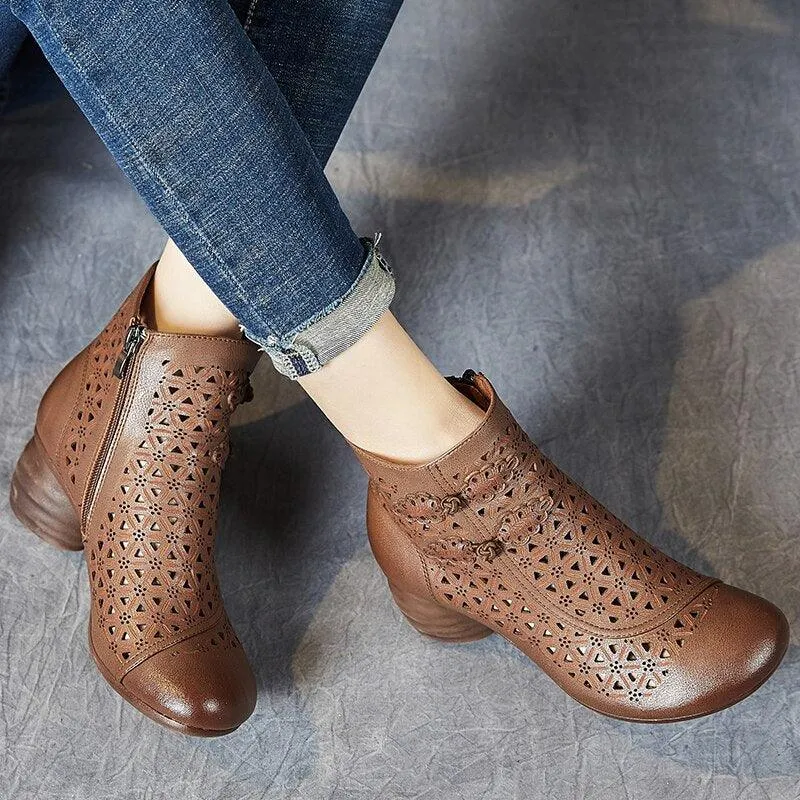 Hollow Thick Heels: RV204 Handmade Women's Casual Shoes Boots