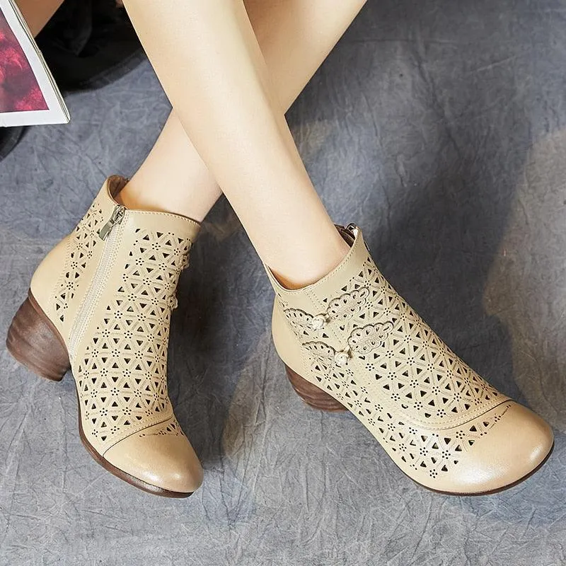 Hollow Thick Heels: RV204 Handmade Women's Casual Shoes Boots