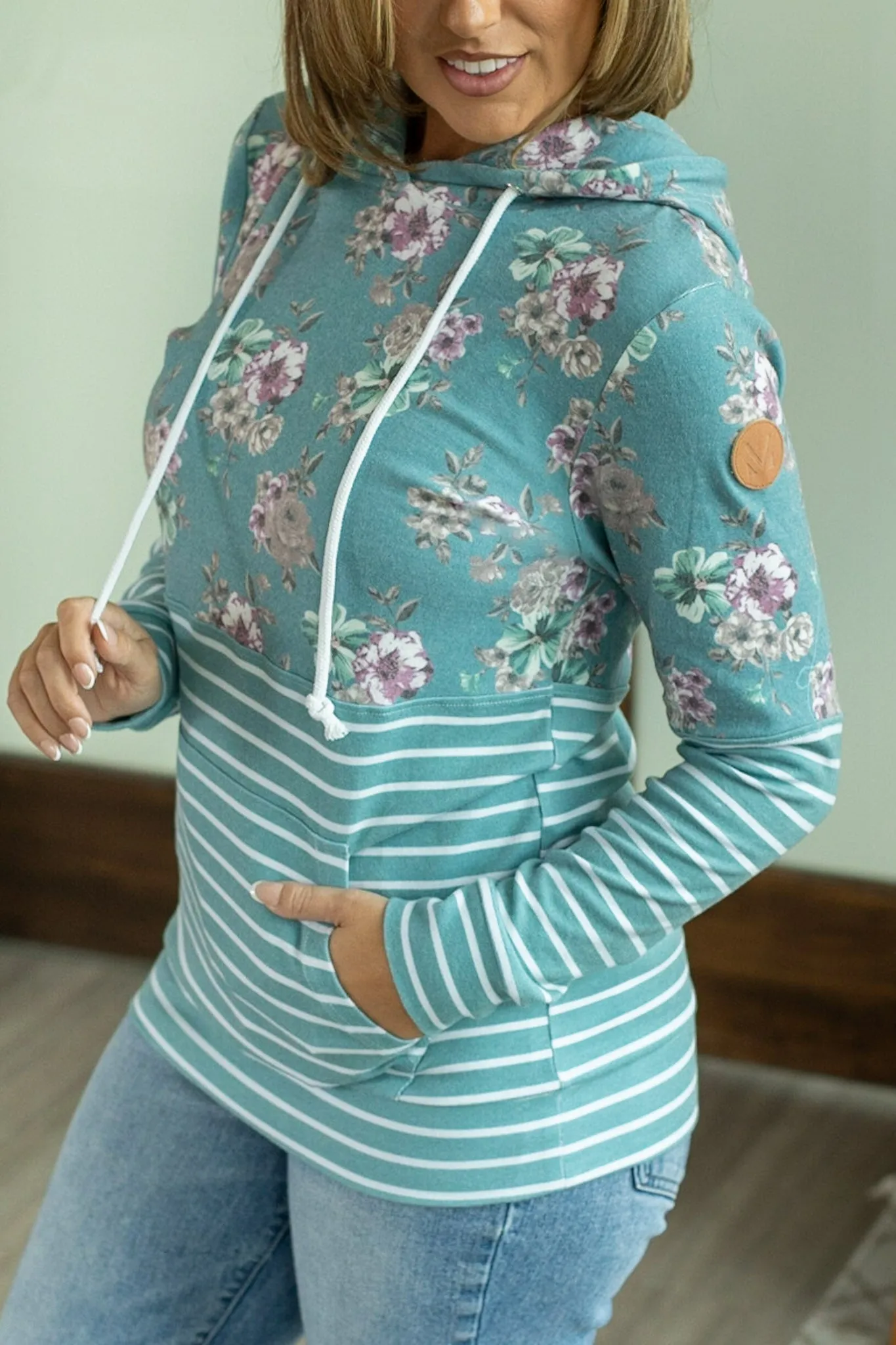 IN STOCK Hailey Pullover Hoodie - Teal Floral Pattern Mix