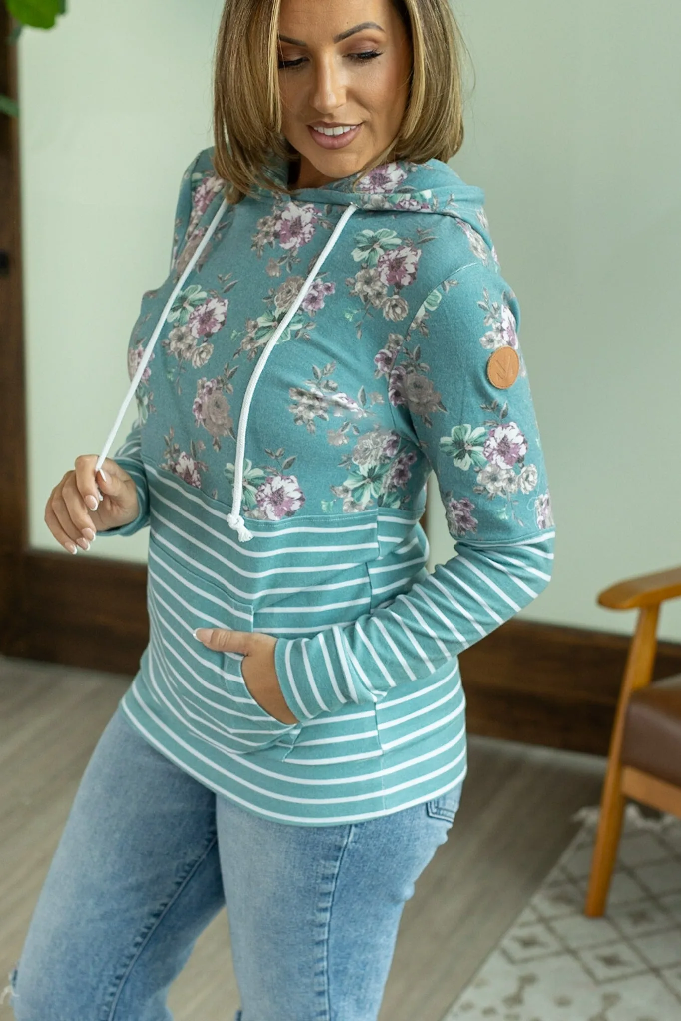 IN STOCK Hailey Pullover Hoodie - Teal Floral Pattern Mix