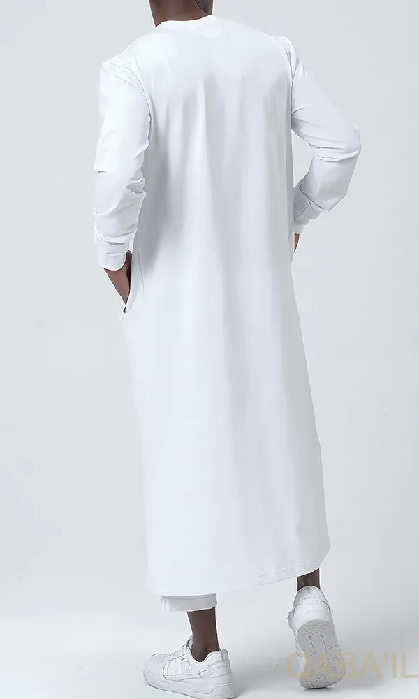 Muslim Men's Embroidered Long Thobe Kamees Sham QL in White