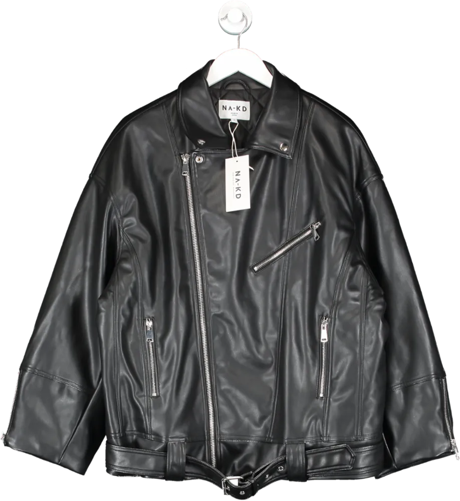 NA-KD Black Oversized Biker Pu Jacket UK 10