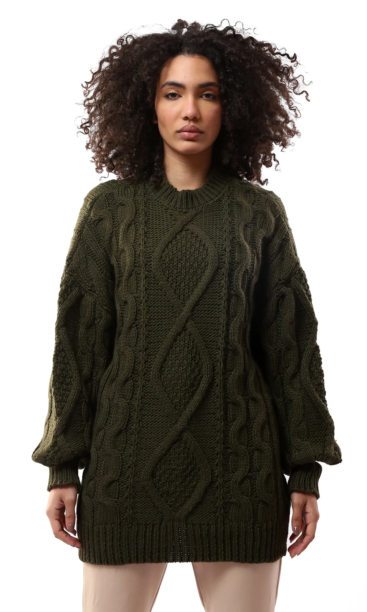 O168920 Mock Neck Knitted Dark Olive Long Pullover