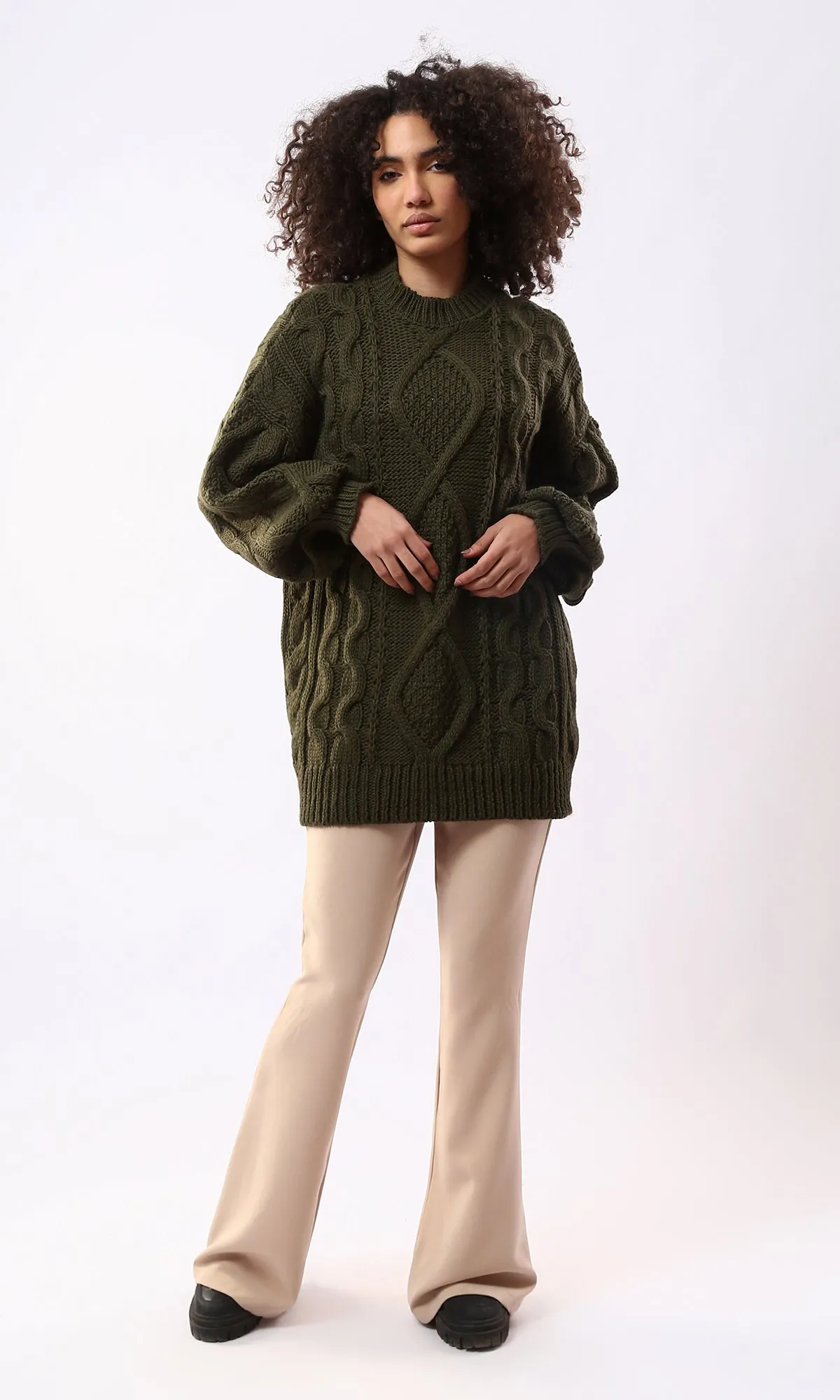 O168920 Mock Neck Knitted Dark Olive Long Pullover