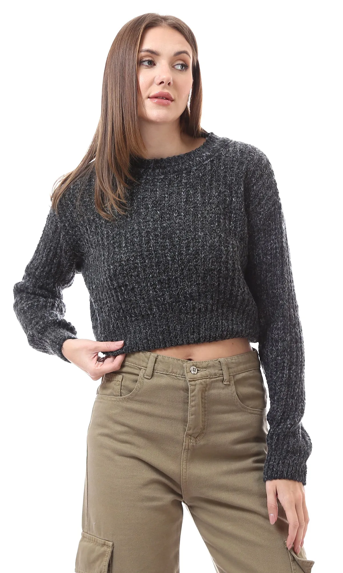 O174313 Crew Neck Heather Dark Grey Chunky Knit Pullover