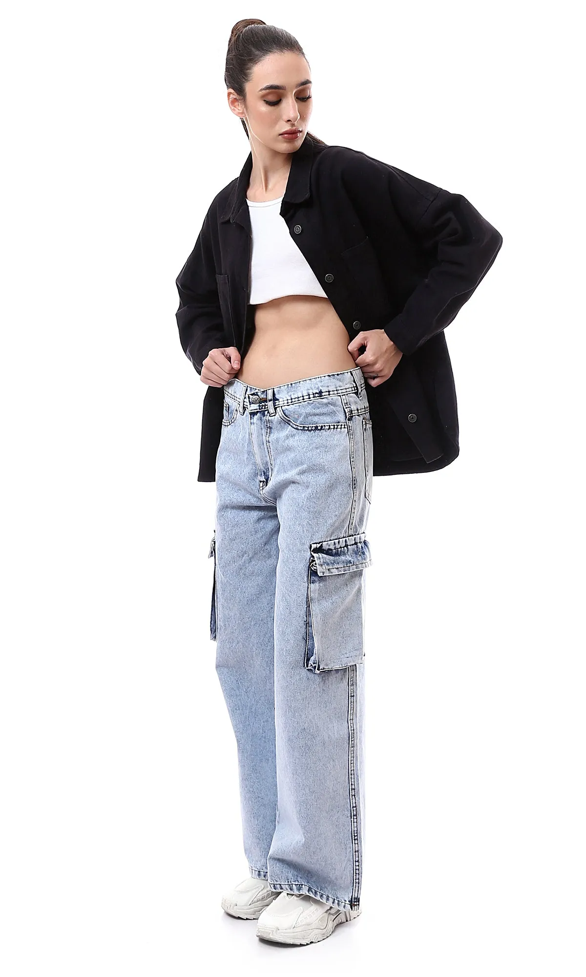 O175689 Stonewash Wide Leg Casual Solid Jeans