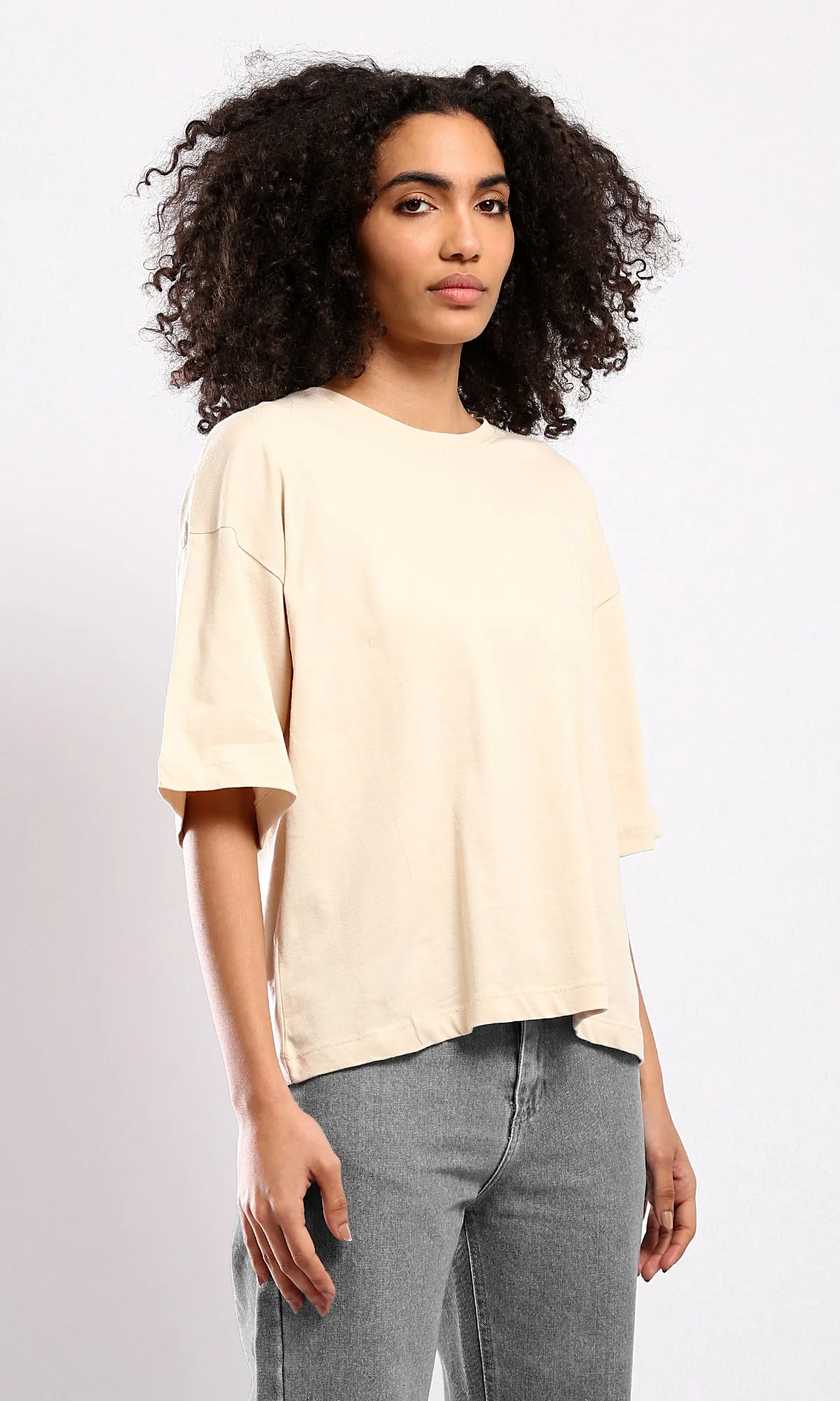 O179810 Beige Elbow-Sleeves Tee With Crew Neck