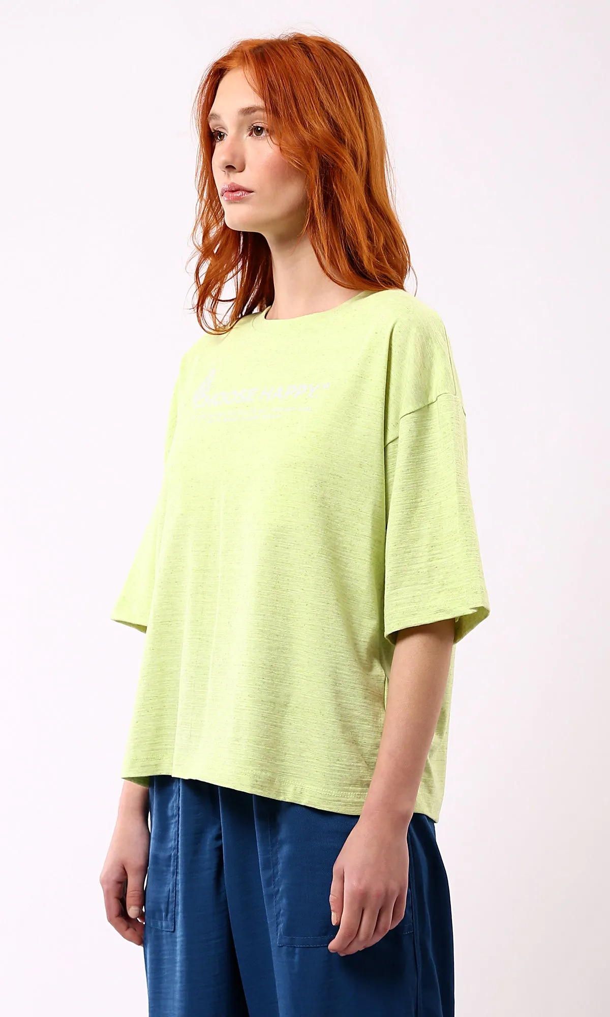 O181665 "Choose Happy" Printed Loose Fit Cotton Tee - Neon Green