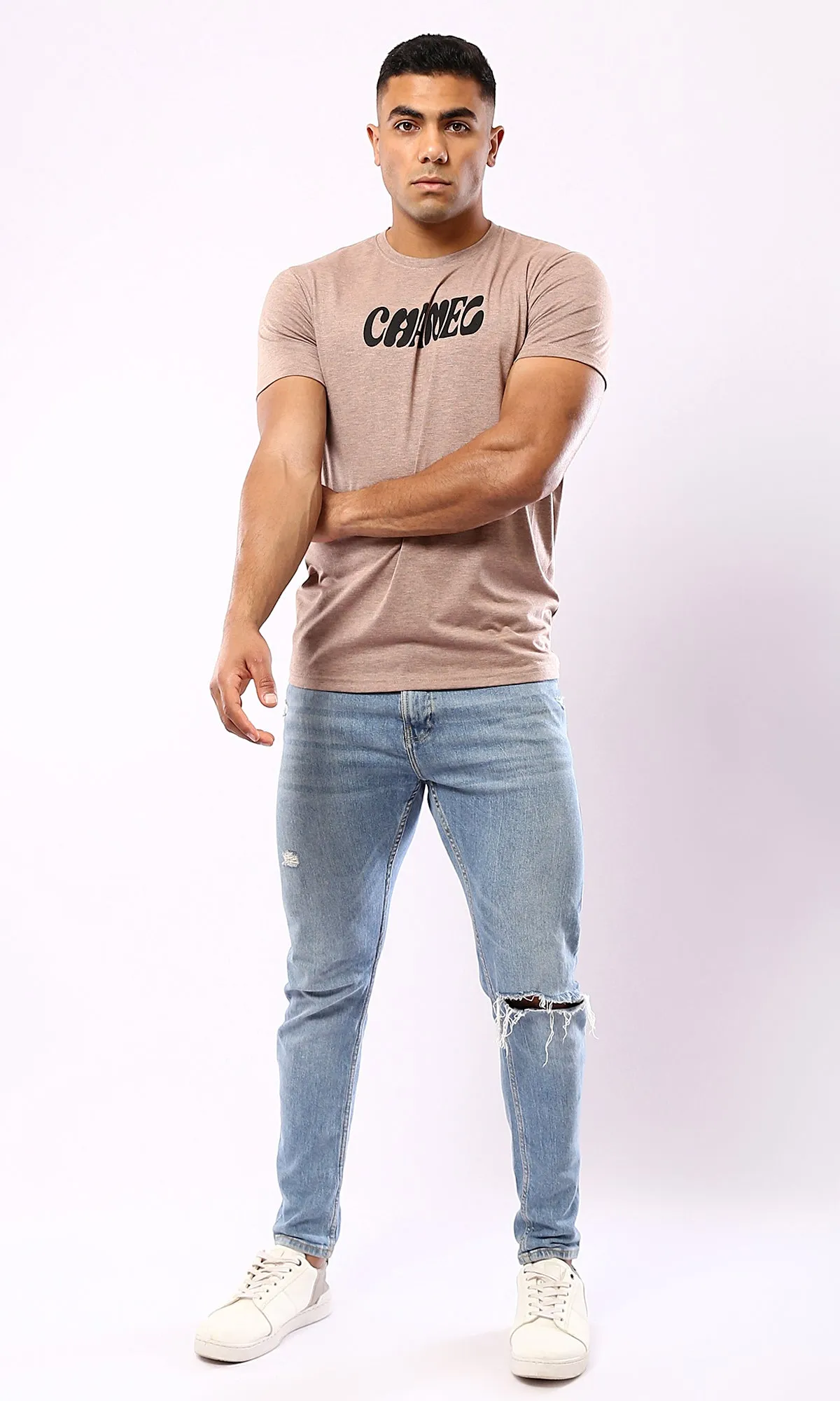 O182407 Slip On Printed Heather Light Coffee Cotton Tee