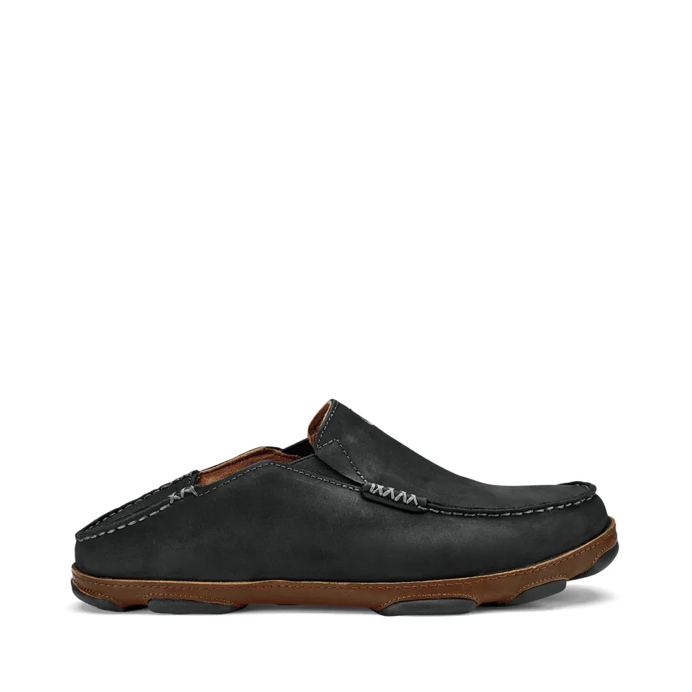 OluKai Men's Moloa Moc Leather Slip On Shoes in Black