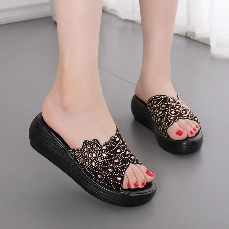 TM1153 Rhinestone Leather Women's Casual Shoe Slippers with Wedges