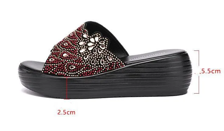 TM1153 Rhinestone Leather Women's Casual Shoe Slippers with Wedges