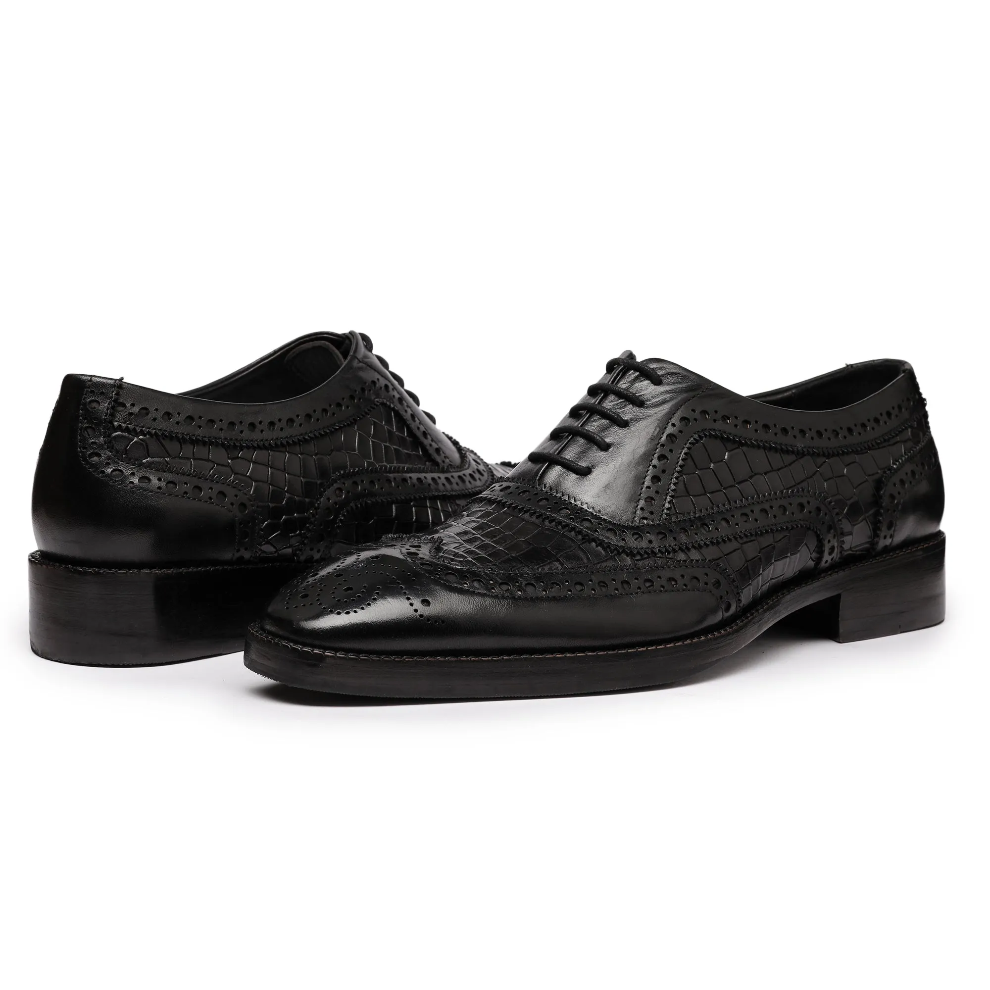 Wingtip Brogue Oxford- Croc Black