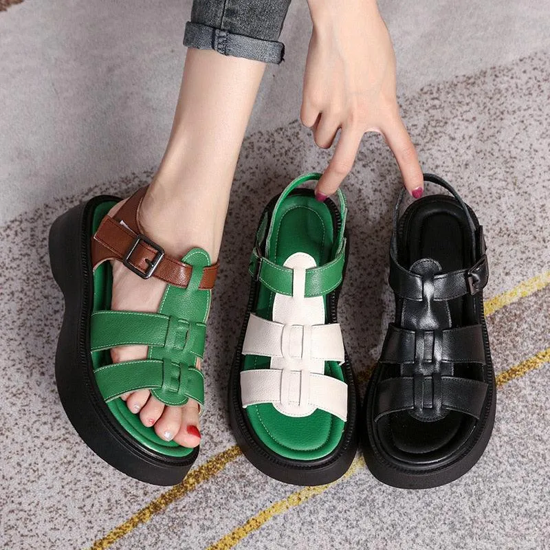 Women's Casual Shoes: GP1255 Leather Roman Wedges with Woven Thick Sandals