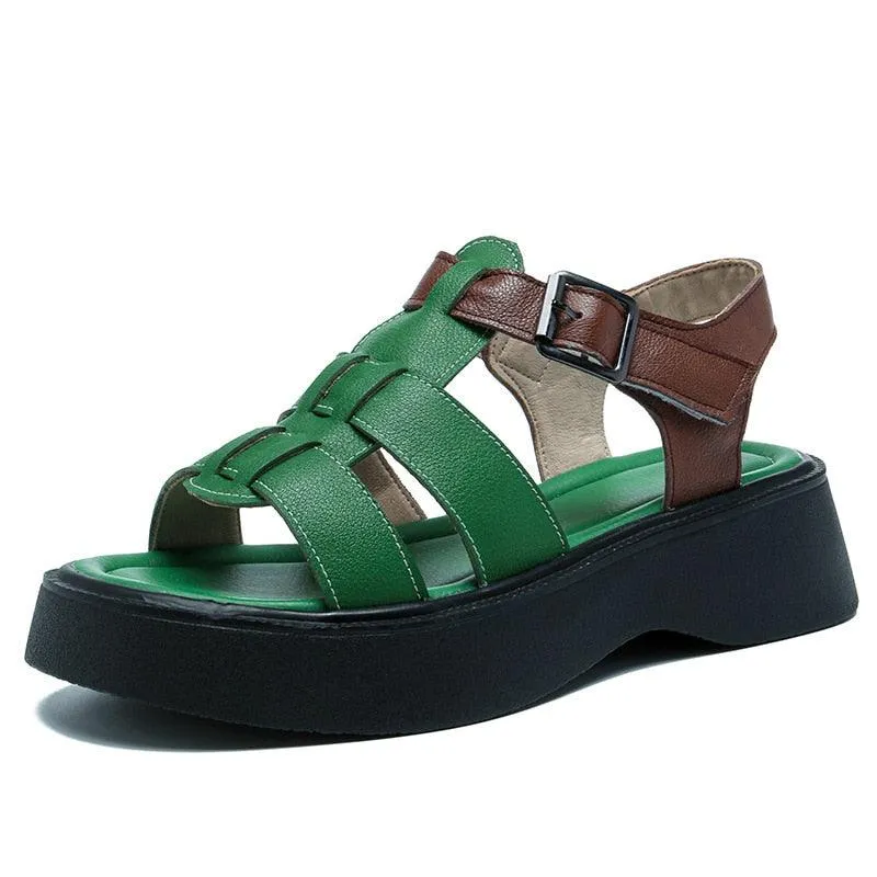 Women's Casual Shoes: GP1255 Leather Roman Wedges with Woven Thick Sandals