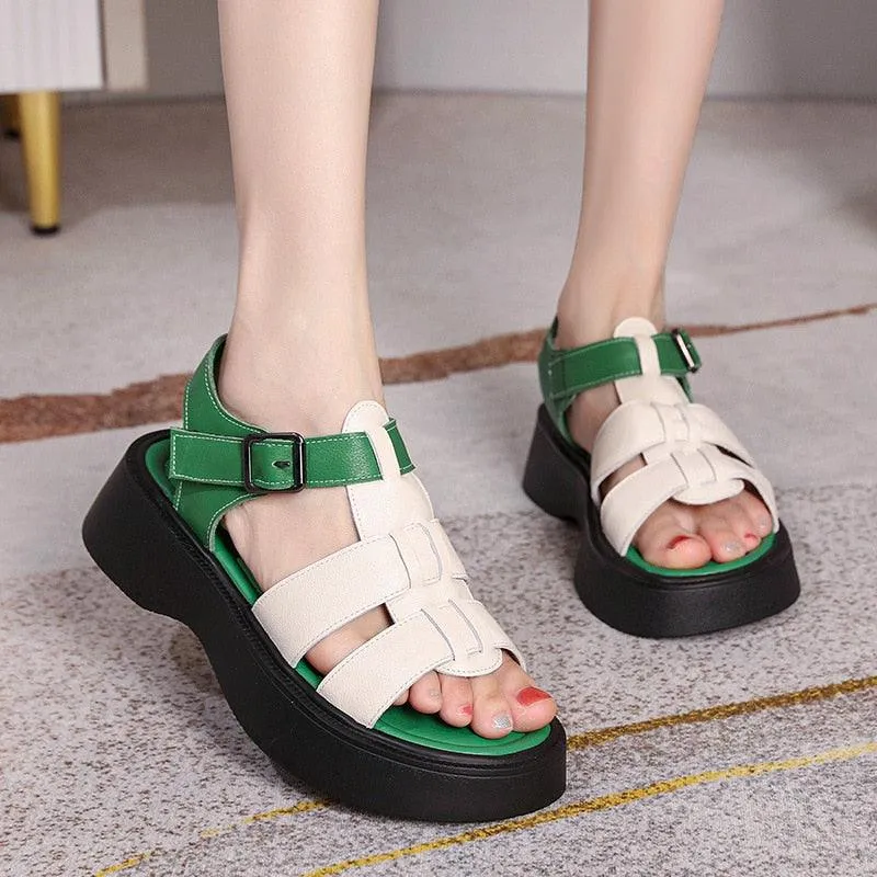 Women's Casual Shoes: GP1255 Leather Roman Wedges with Woven Thick Sandals