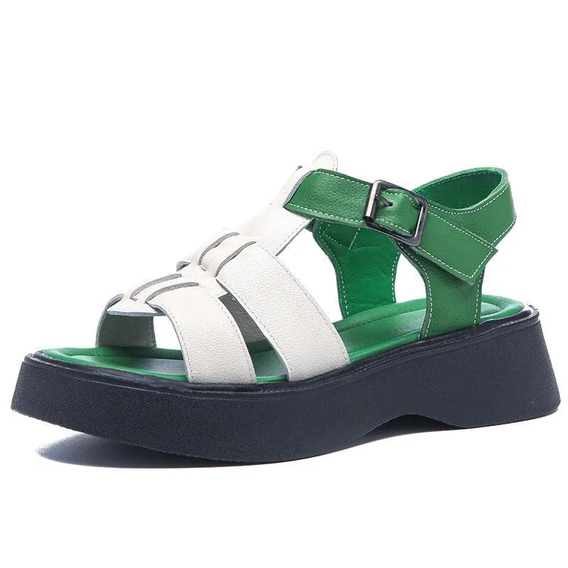 Women's Casual Shoes: GP1255 Leather Roman Wedges with Woven Thick Sandals